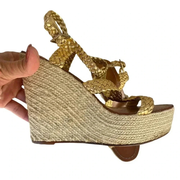 Kate Spade Nude Espadrille Wedge Gold Braid Straps Heels Women's Sz 7 M - Picture 5 of 5